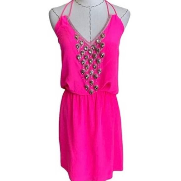 Karina Grimaldi Neon Pink Silk Embellished Rhinestone Beaded Party Dress Revolve - Picture 4 of 10